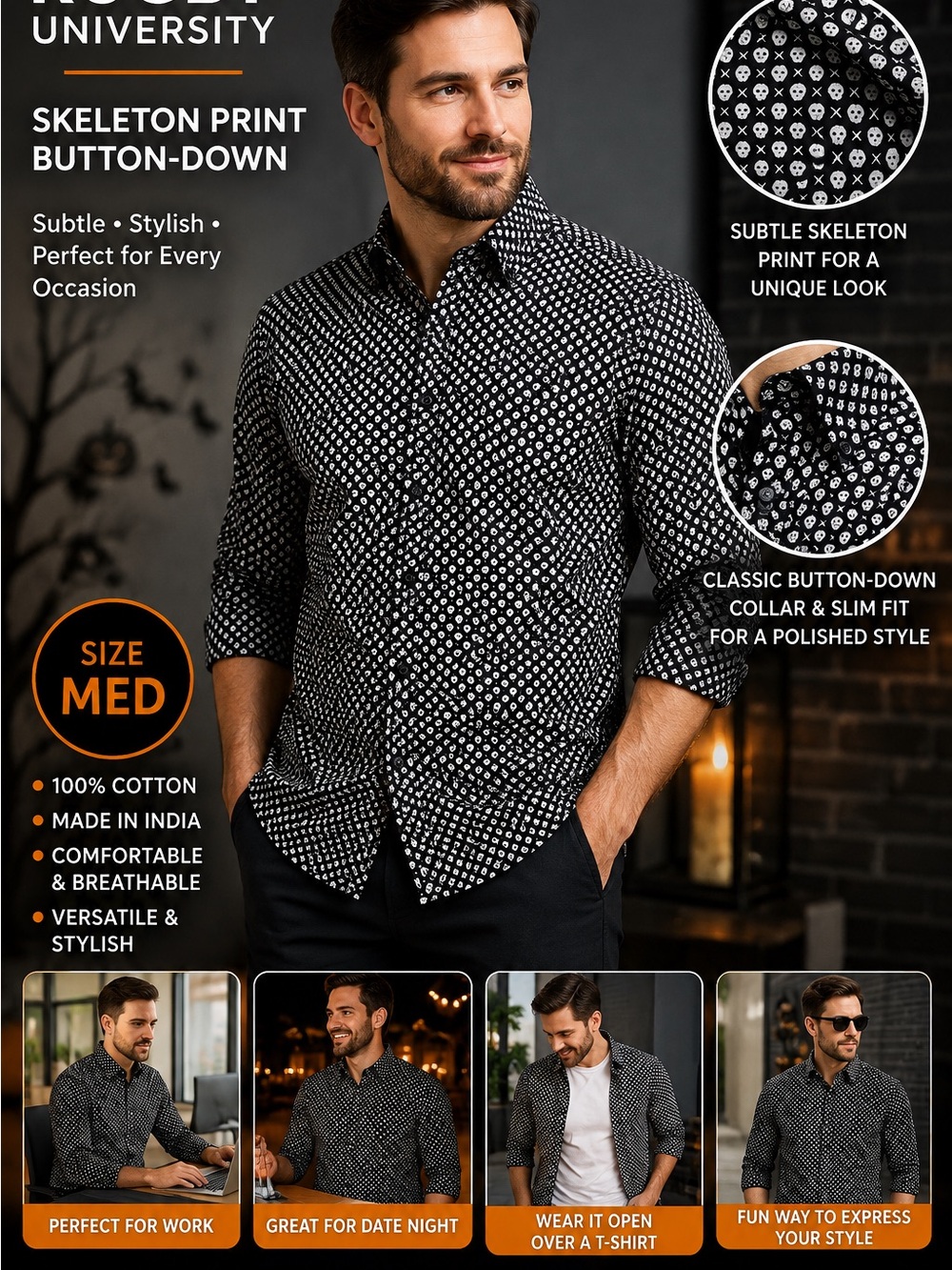 Men's Black Skeleton Print Casual Button-Down Shirt - Slim Fit